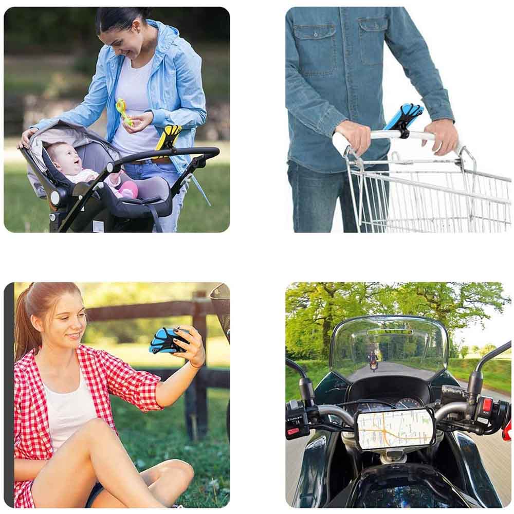 Phone mount used on a baby carrier, a shopping trolley, held in the hand and on a motorbike