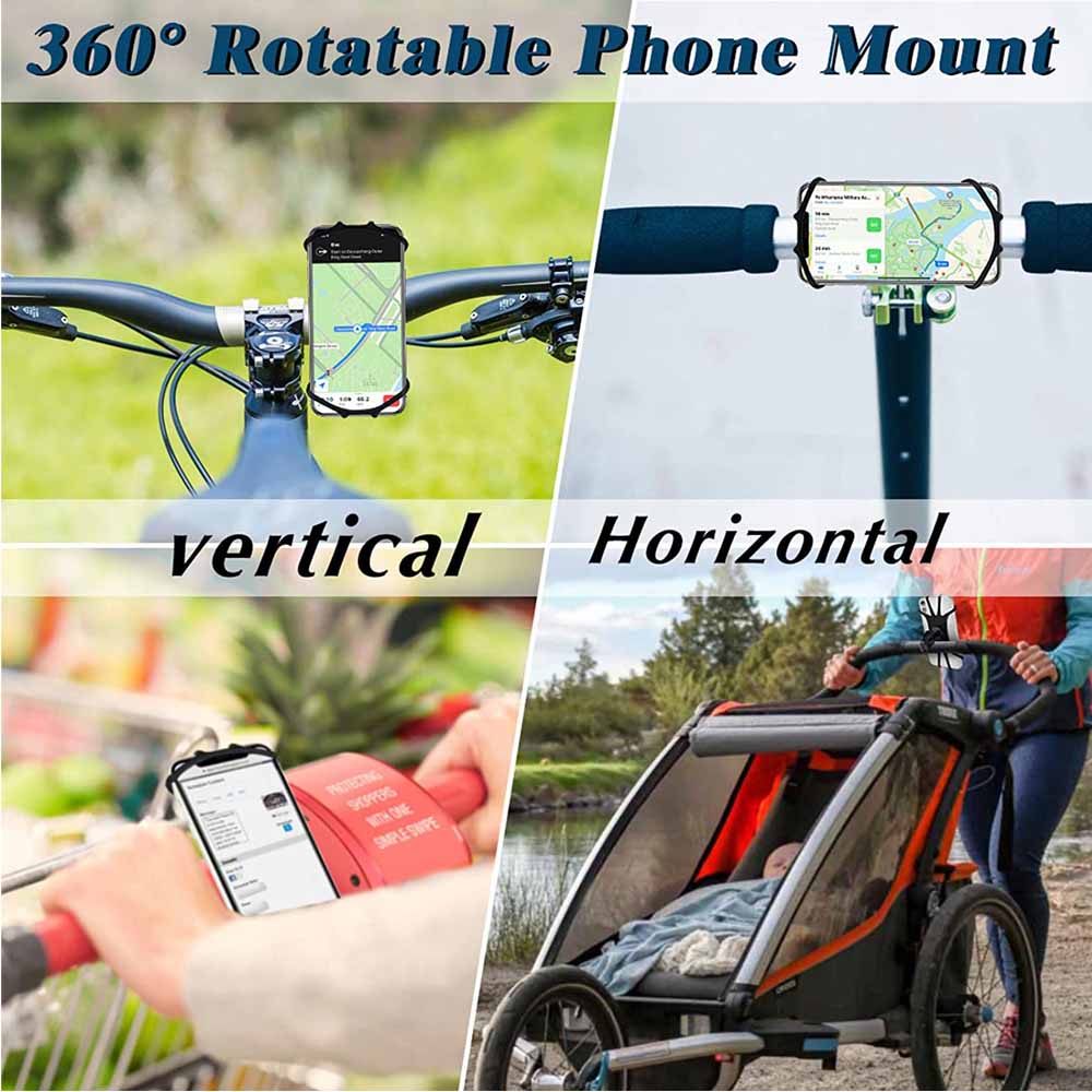 Phone mount used in portrait and landscape on bike handlebars, a shopping trolley and a pushchair