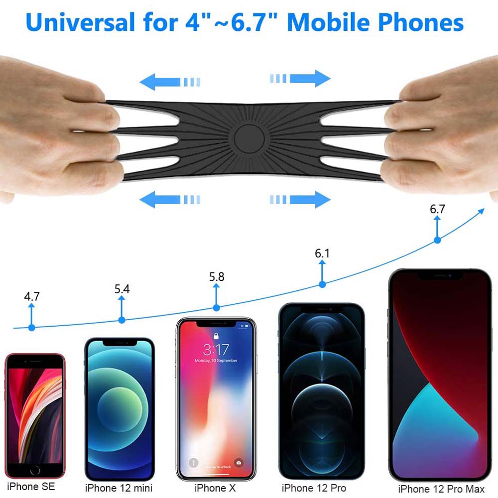 Hands stretching the silicone phone mount, with a chart of phone sizes from 4 to 6.7 inches