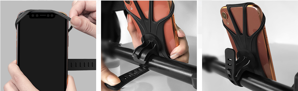 Photos showing a phone being fitted into the bike mount on a handlebar
