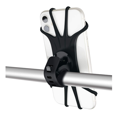 Single bike phone mount holding a phone on a handlebar