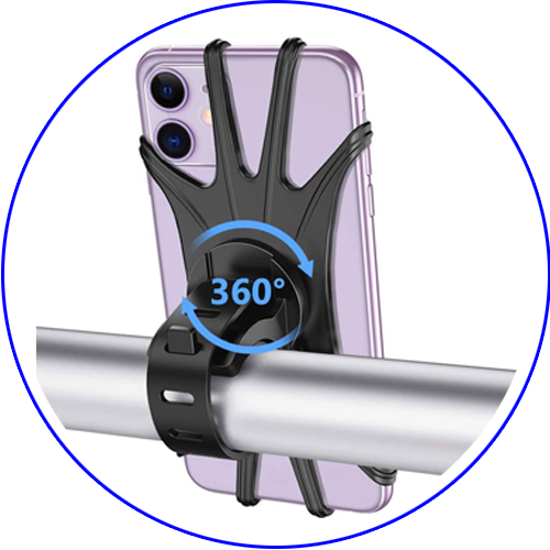 Phone held in the silicone bike mount on a handlebar, with an arrow showing it rotates 360 degrees