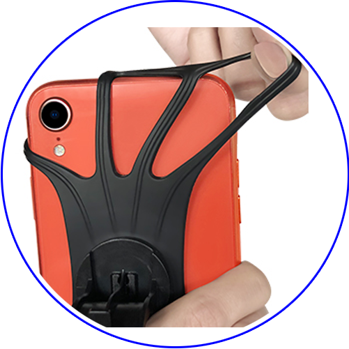 Hand stretching a silicone band over the corner of a phone in the bike mount