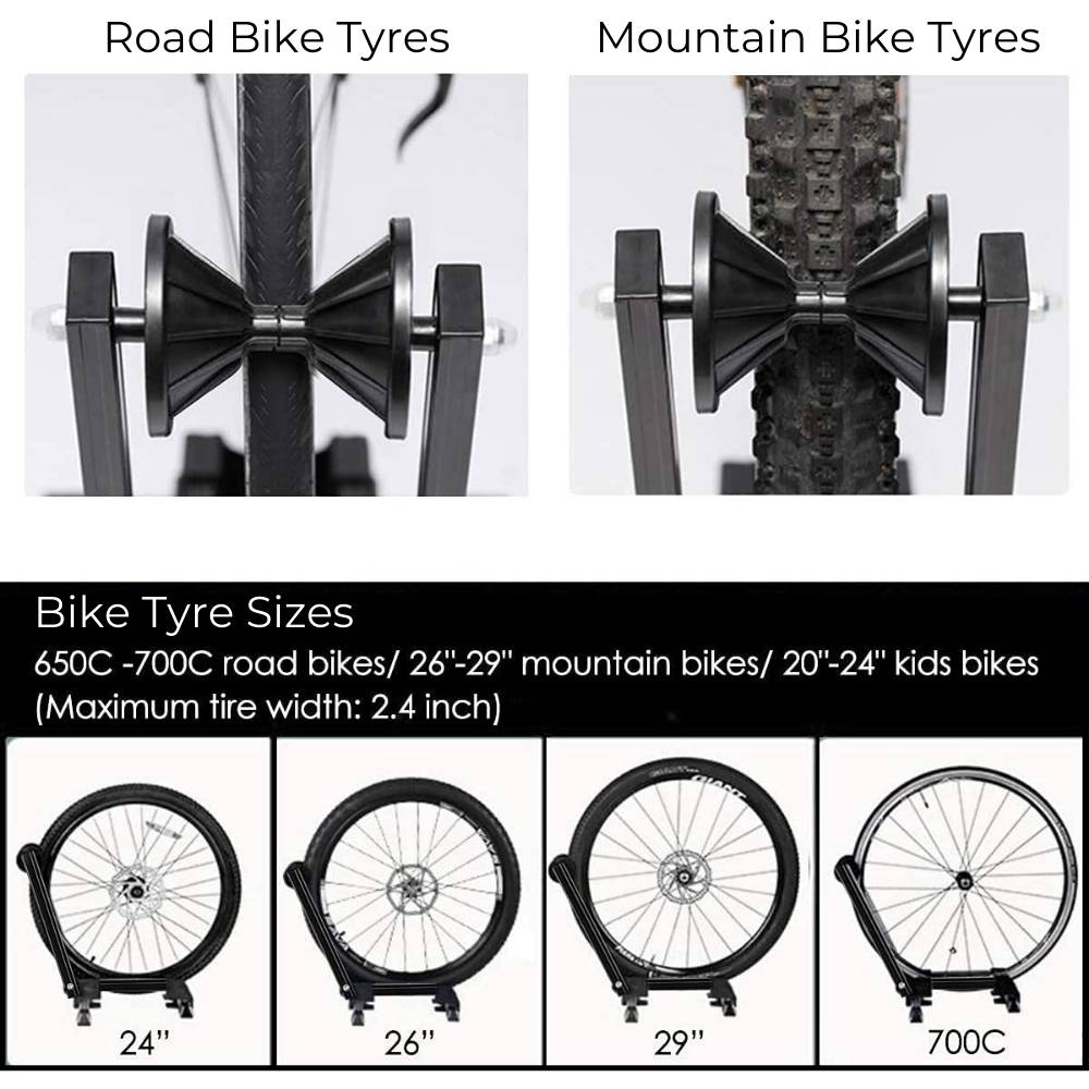 The stand's wheel holder gripping a road bike tyre and a mountain bike tyre, above a chart of the tyre sizes it takes