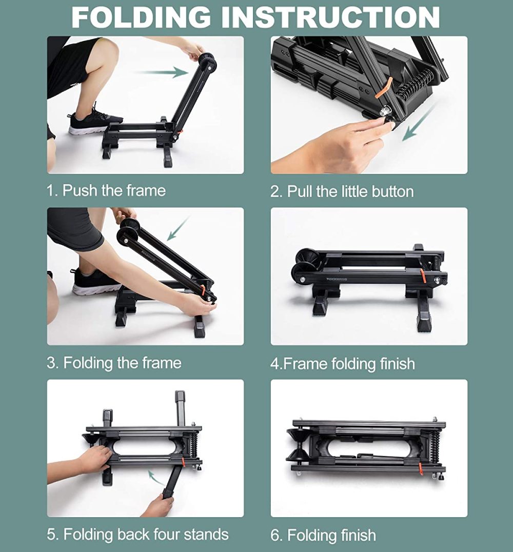 Six step folding guide: push the frame, pull the little button, fold the frame and fold back the four feet