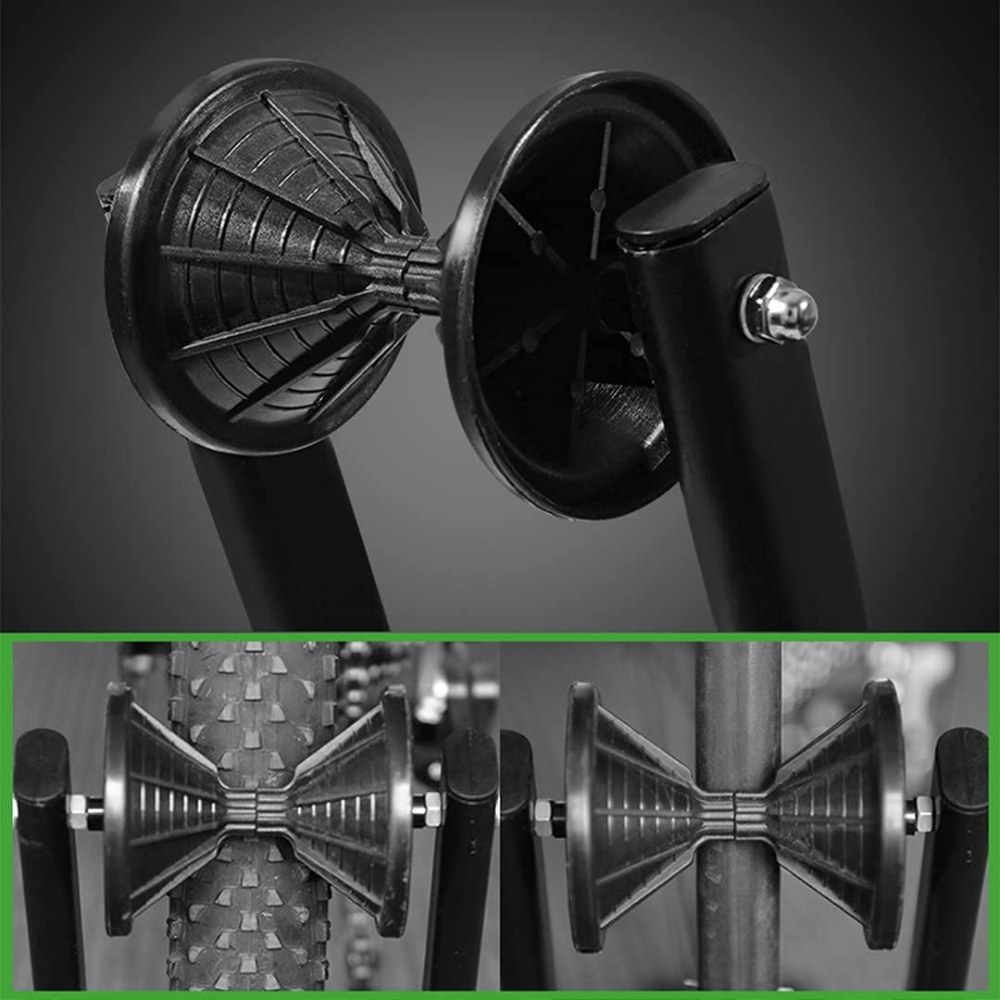 Close-up of the stand's wheel cradle holding a mountain bike tyre and a road bike tyre