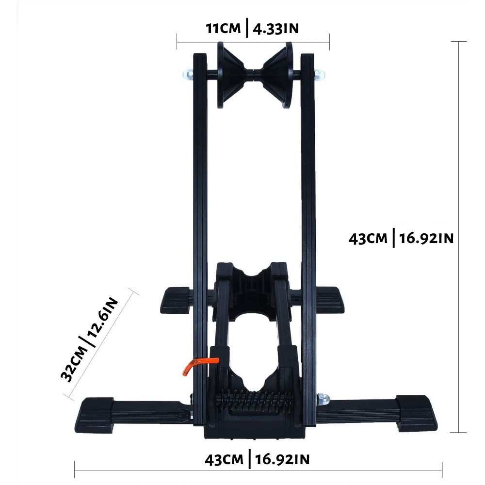 Size drawing of the folding bike floor parking stand with its measurements marked