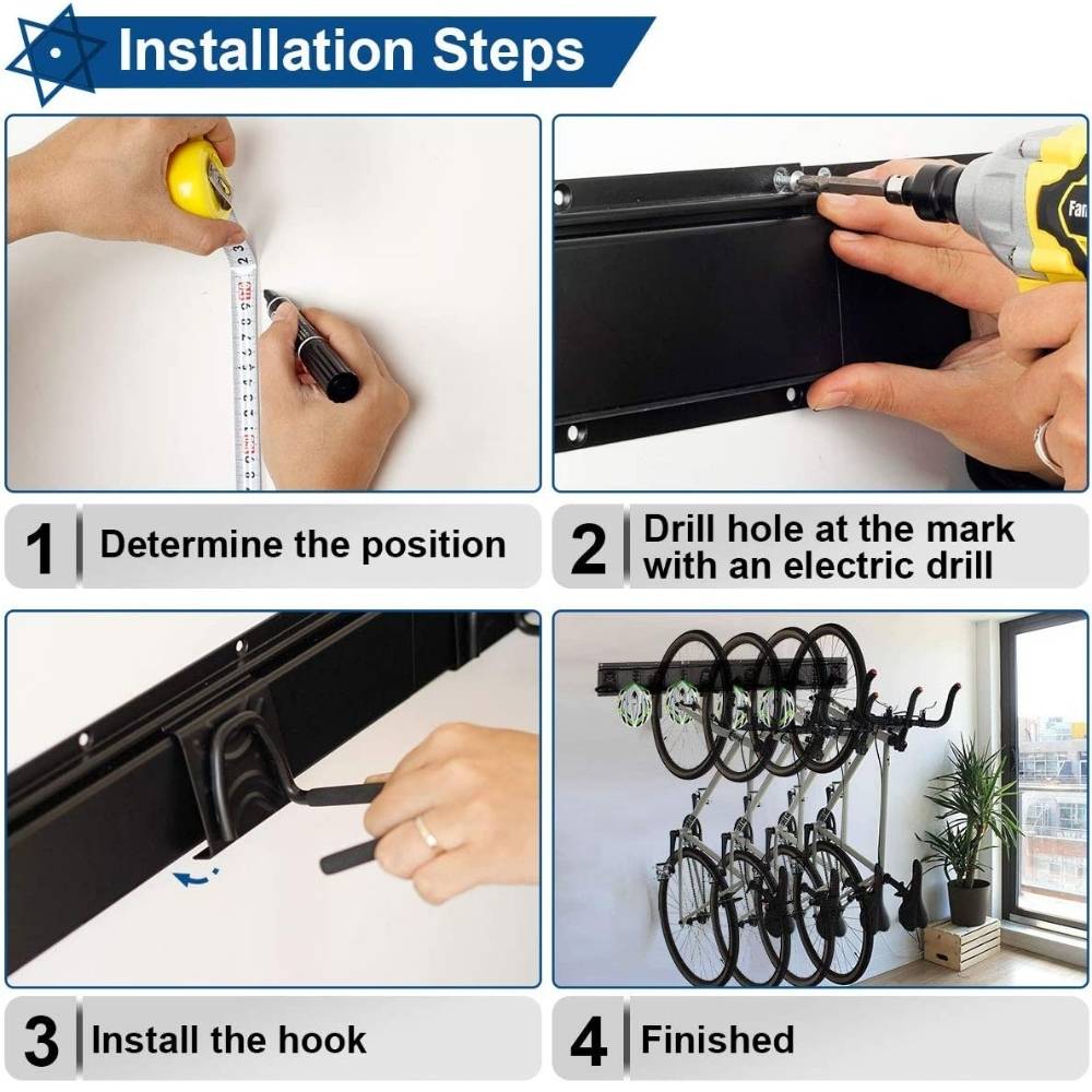 Four installation steps: mark the position, drill, fit the hook, hang the bikes