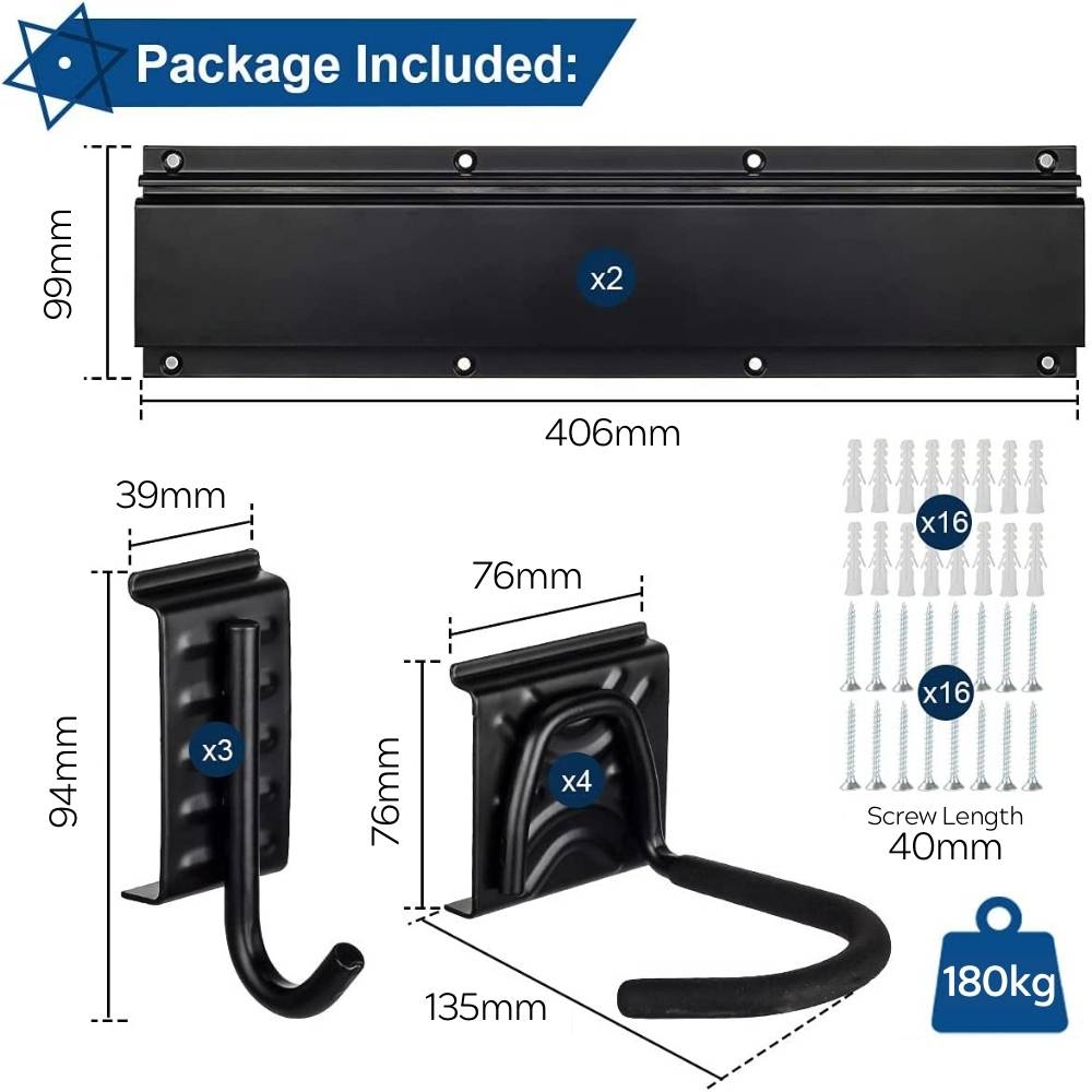 Parts in the 4 bike wall rack kit: rail sections, hooks and wall fixings