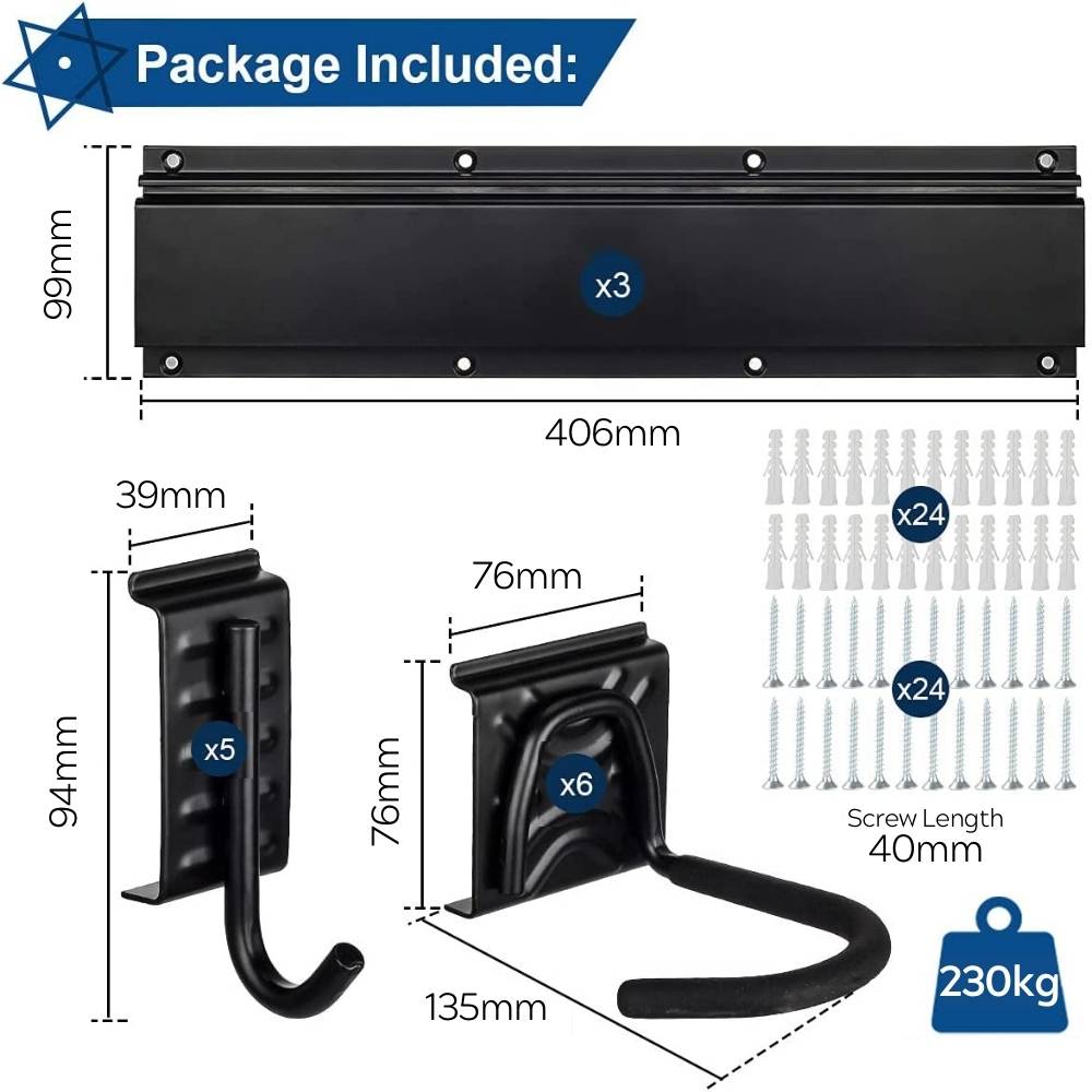 Parts in the 6 bike wall rack kit: rail sections, hooks and wall fixings