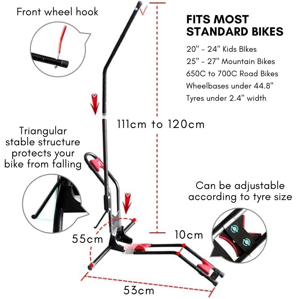 Diagram of the vertical bike rack showing the front wheel hook, the triangle base and the adjustable wheel tray
