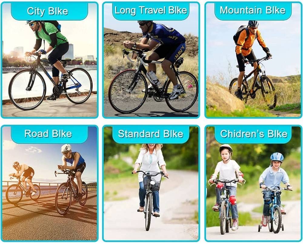 Photos of the kinds of bike it suits: city, mountain, road, standard and children's bikes