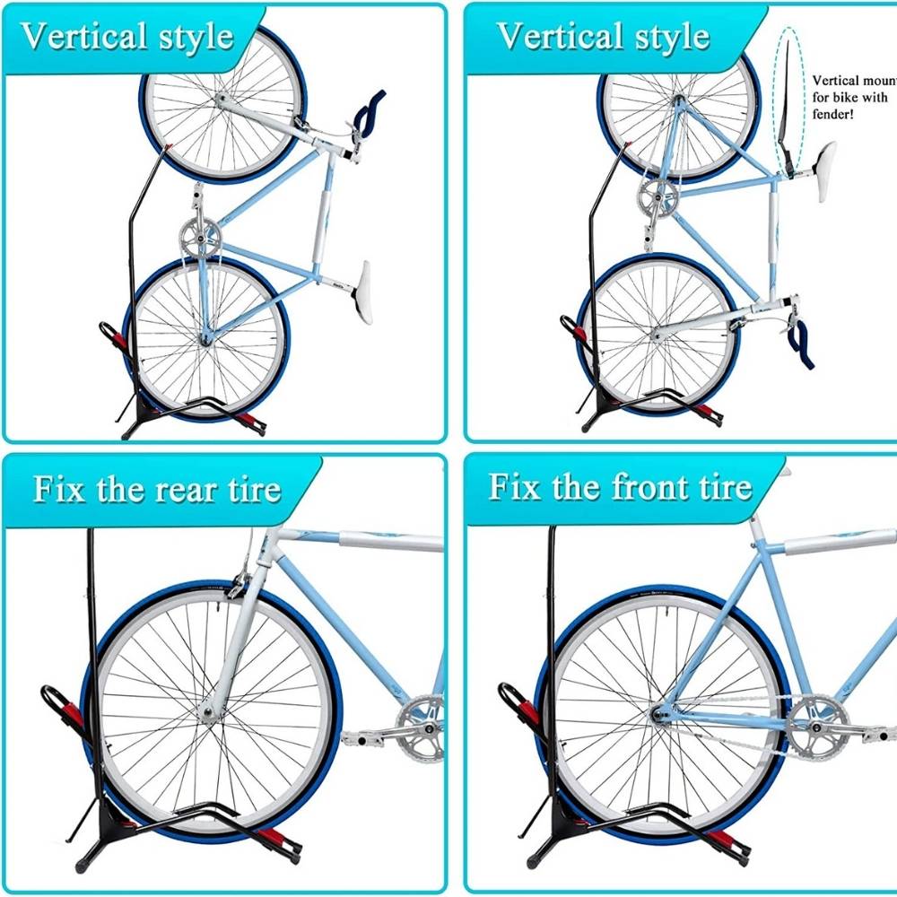 Four ways to use the stand: two vertical styles, then holding the rear tyre or the front tyre