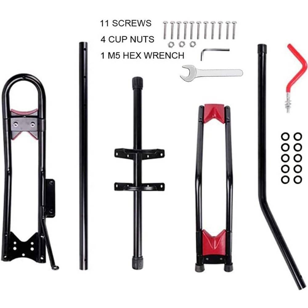 The parts of the vertical bike rack laid out: upright posts, base, wheel tray, front wheel hook, screws, nuts and tools