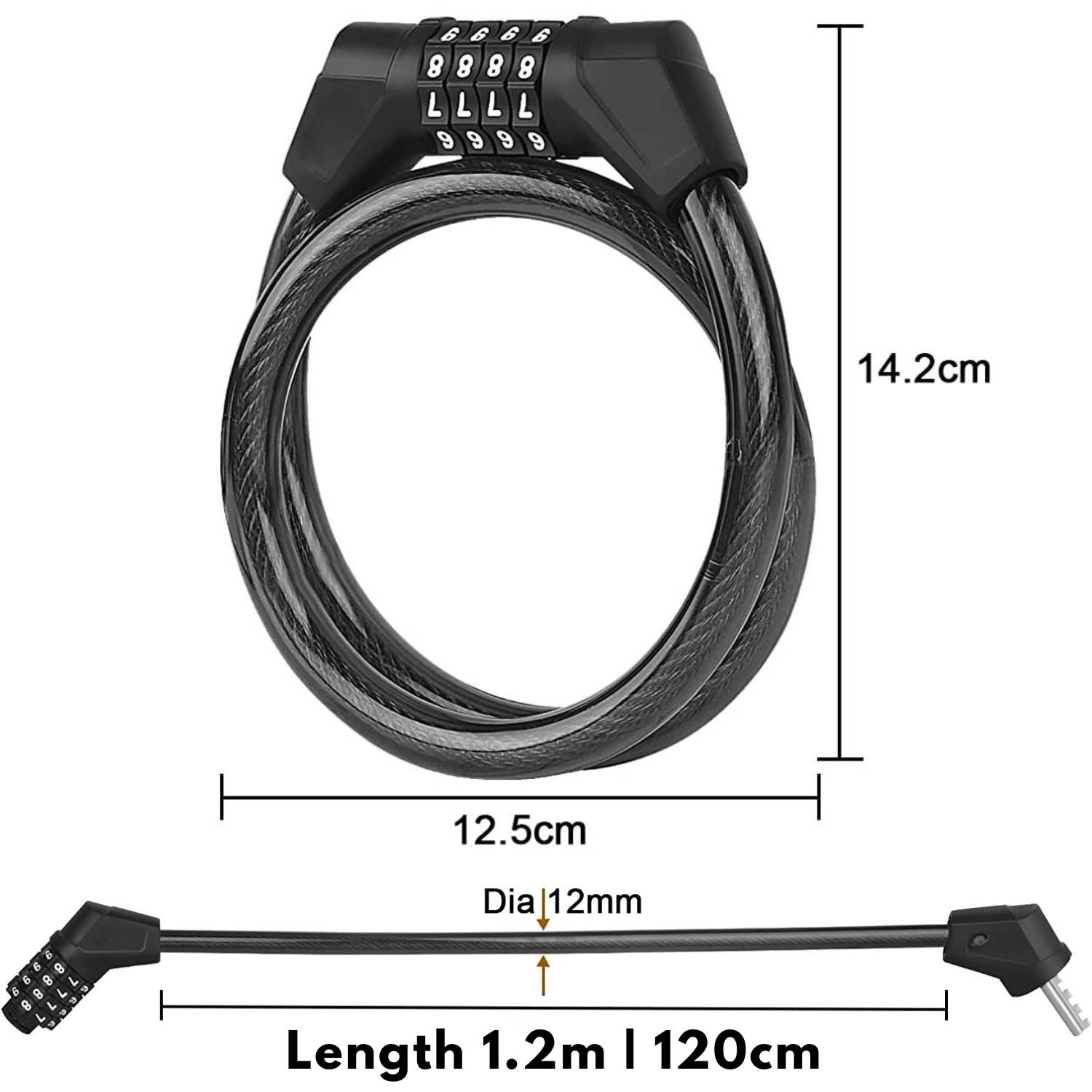 Coiled combination bike lock cable with its size marked, shown coiled and stretched out
