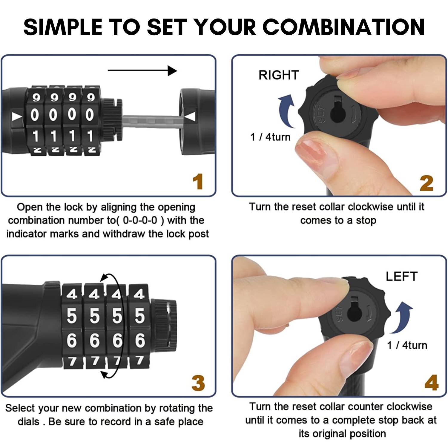 Step by step photo guide to setting a new code on the combination cable lock
