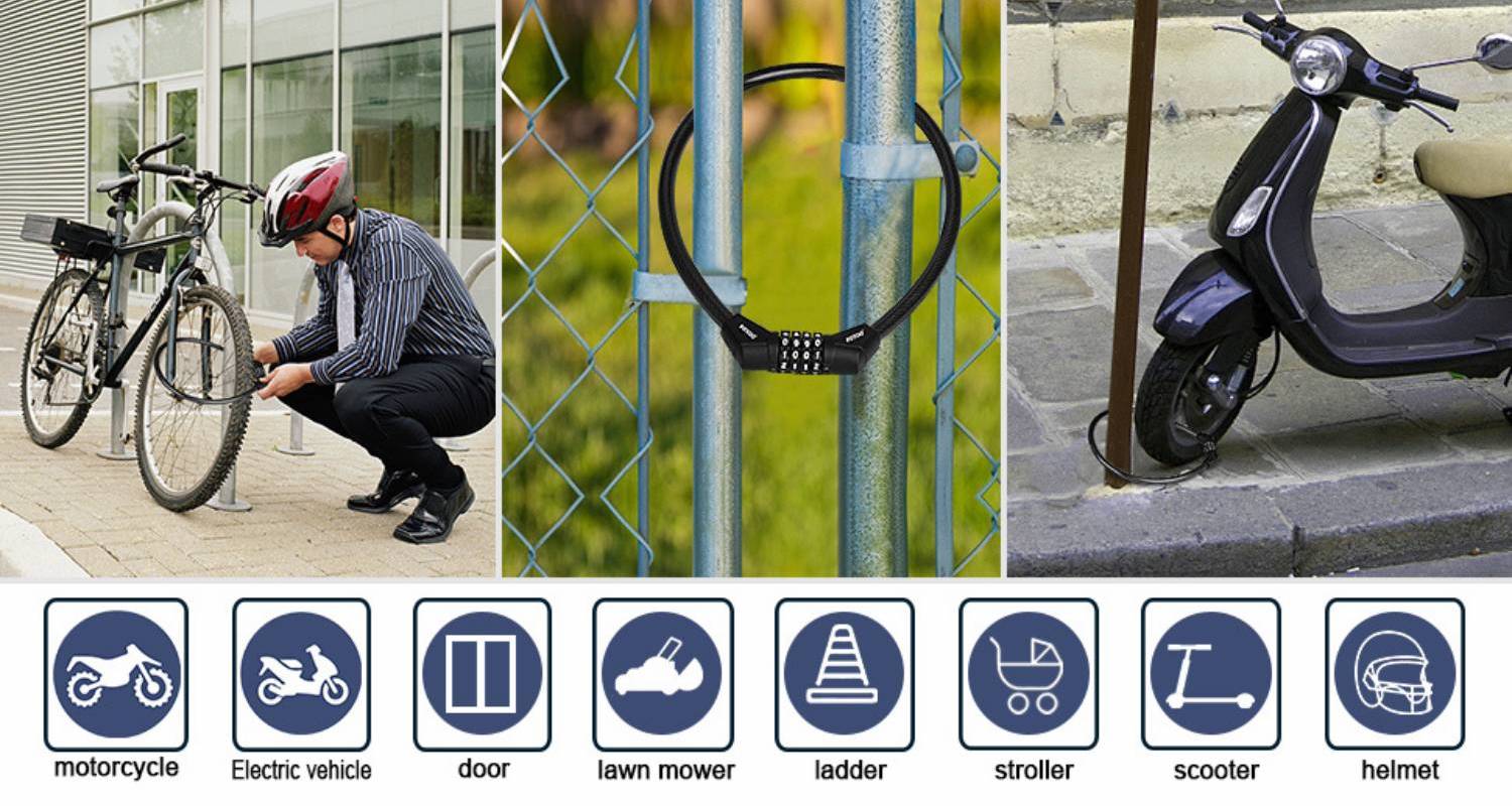 Cable lock used on a bicycle, a fence and a scooter, with icons for other uses such as ladders, pushchairs and helmets