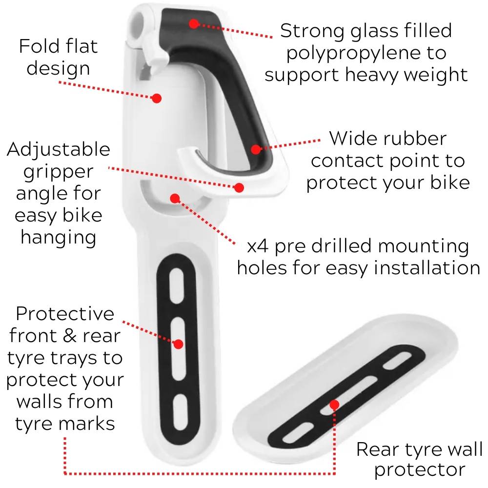 Labelled wall hanger showing the adjustable gripper, mounting holes and tyre trays