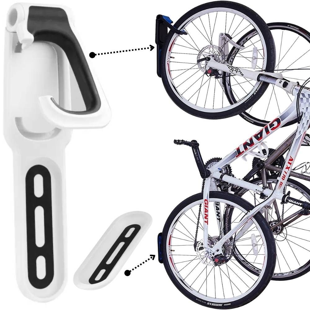 Wall hanger shown beside bikes stored upright on a wall