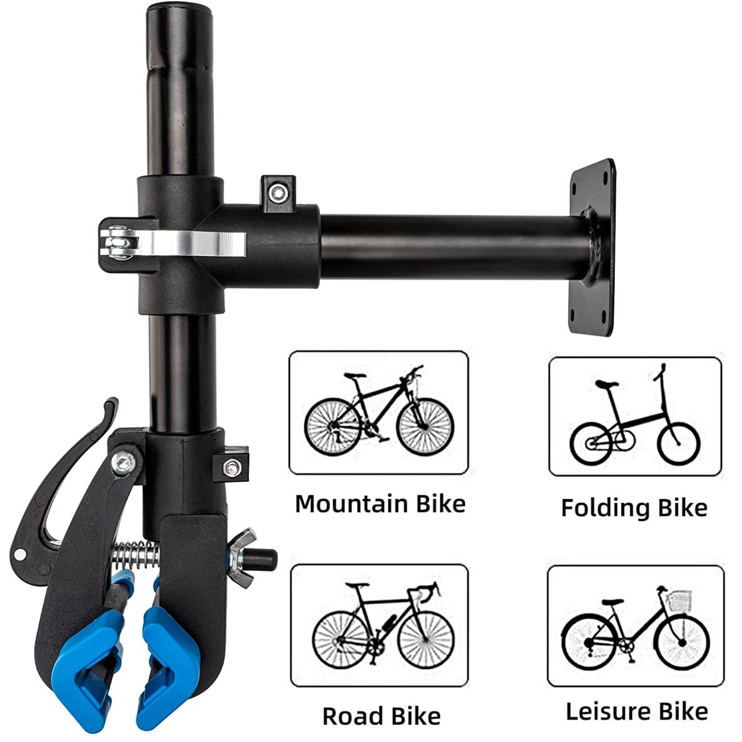 Repair clamp fixed to a wall, next to icons for mountain, folding, road and leisure bikes