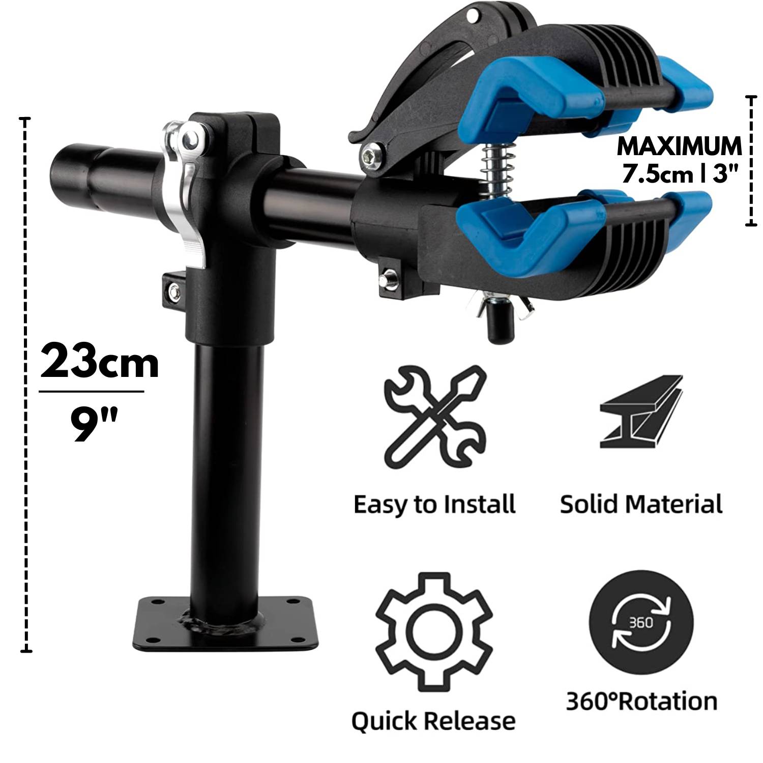Bench mount bike repair clamp with a 23 cm upright post and blue clamp jaws