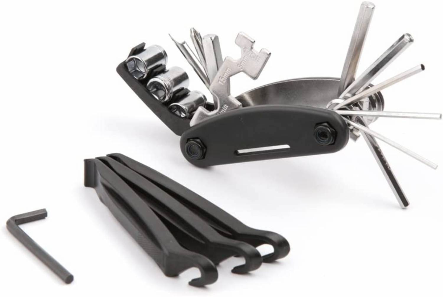 Opened bike multi tool shown with three tyre levers and a separate Allen key