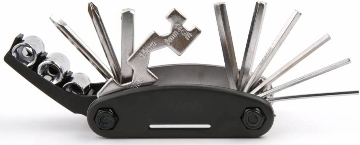 Bike multi tool with its hex keys, screwdrivers, sockets and wrench fanned out