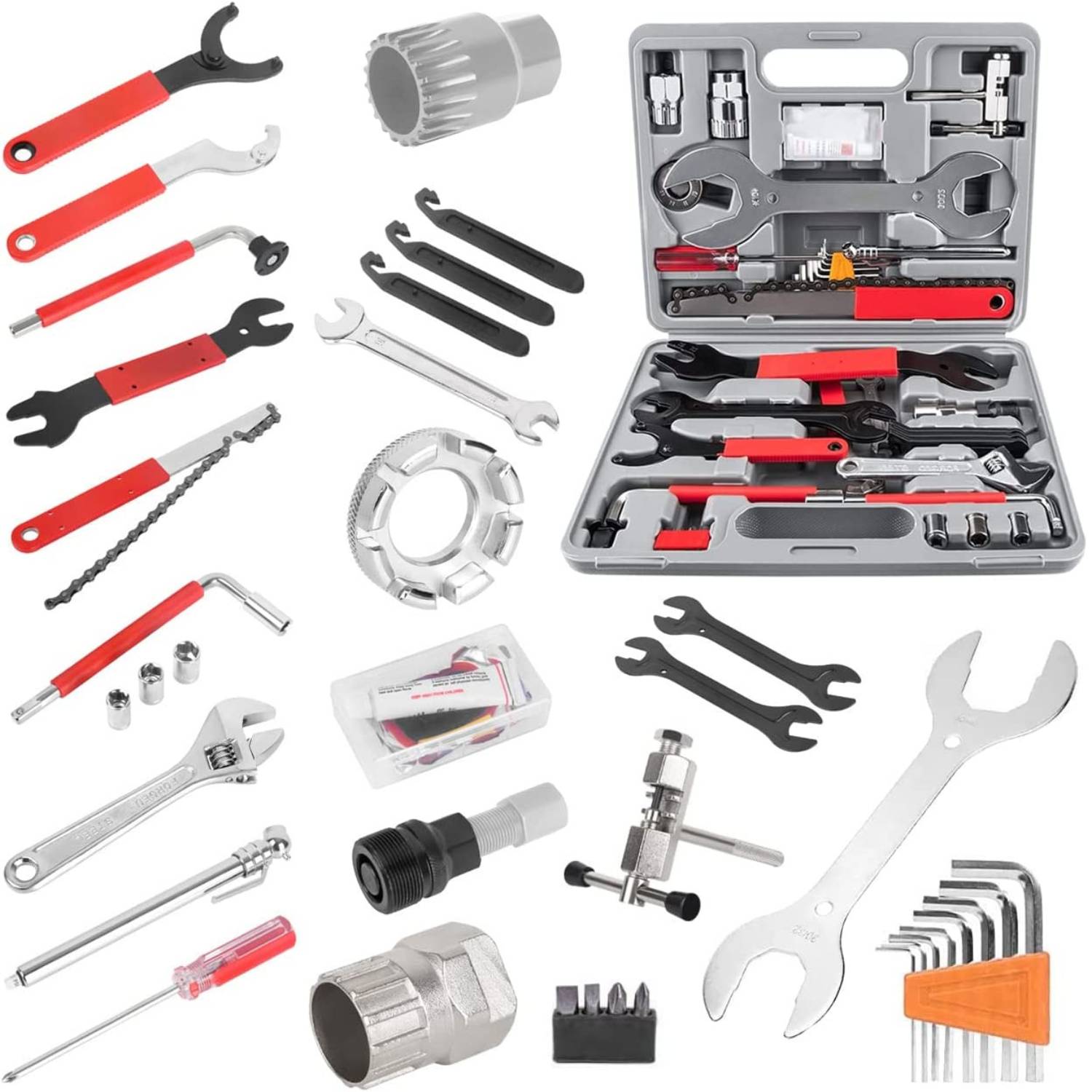 All the tools from the bike repair kit laid out beside the open carry case