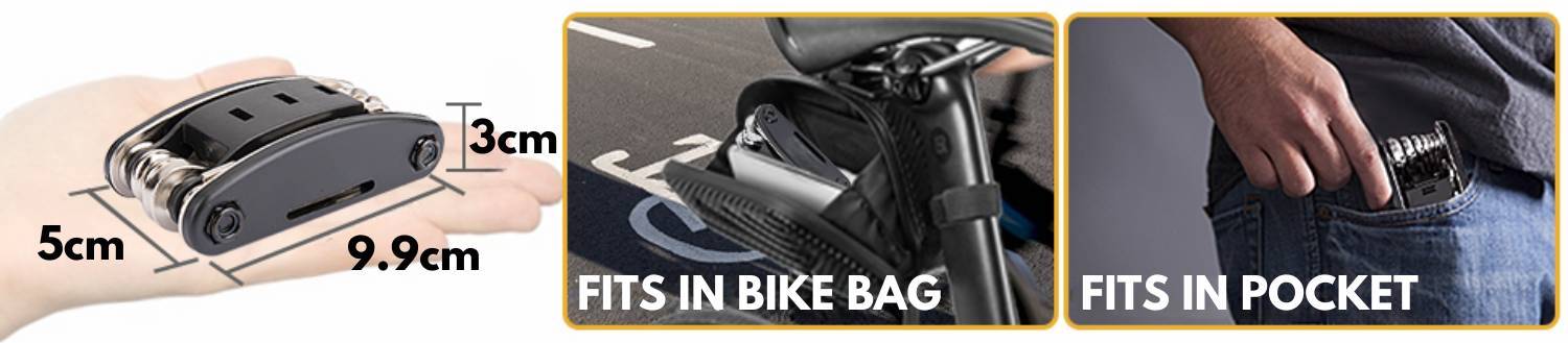 Folded bike multi tool held in a hand, shown fitting in a saddle bag and a trouser pocket