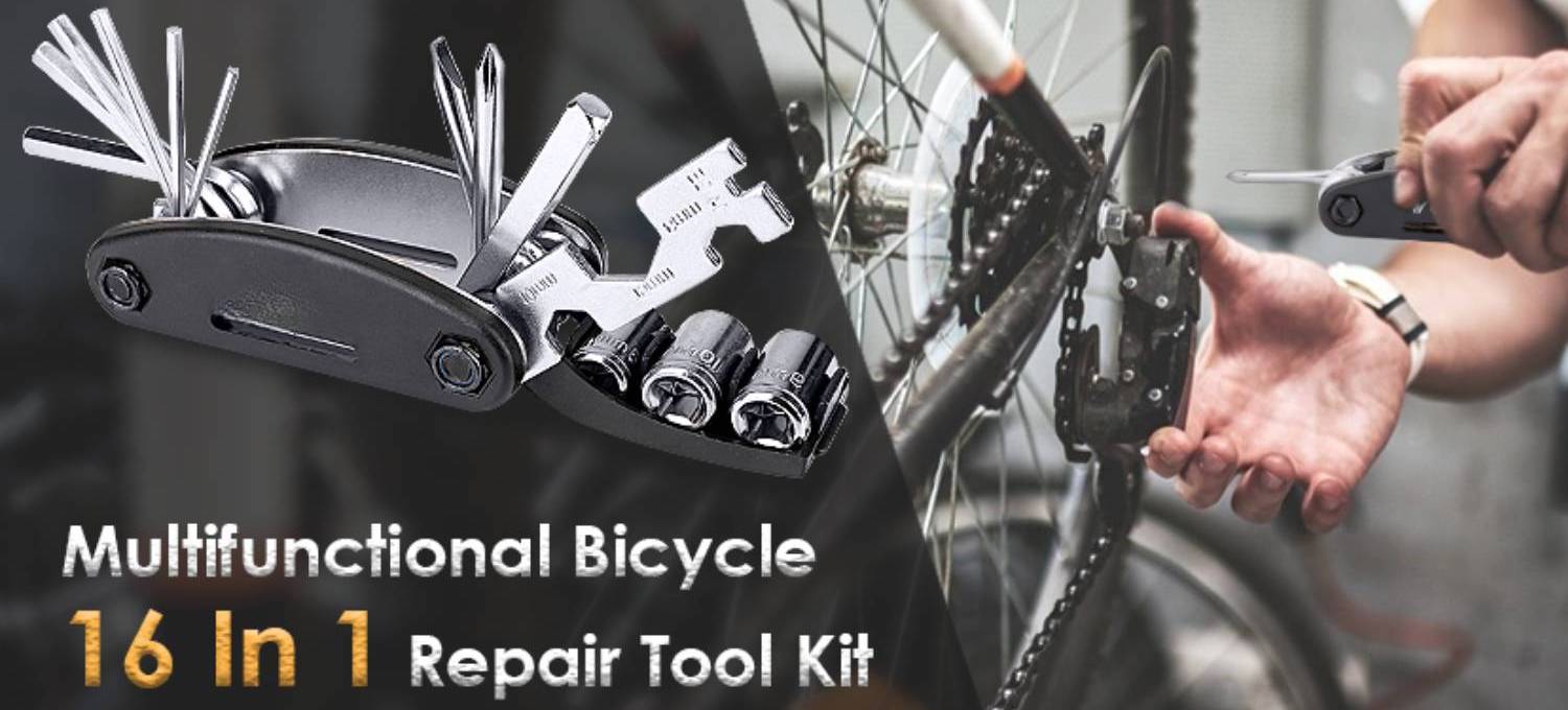 16 in 1 bike repair multi tool opened out, with a rider adjusting a pedal