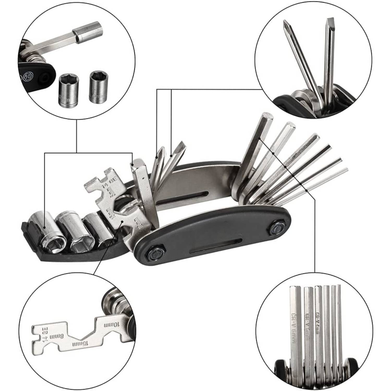 Close-up of the multi tool's sockets, screwdriver tips, flat wrench and hex keys