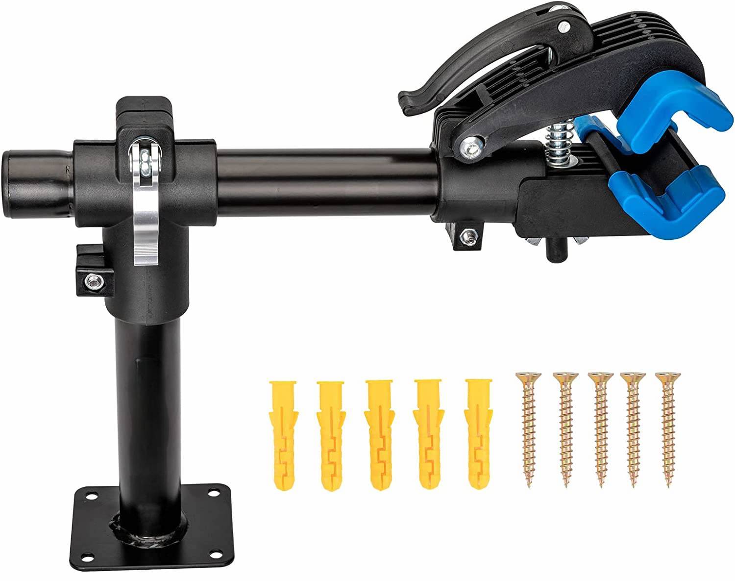 Bench mount repair clamp shown with its wall plugs and screws