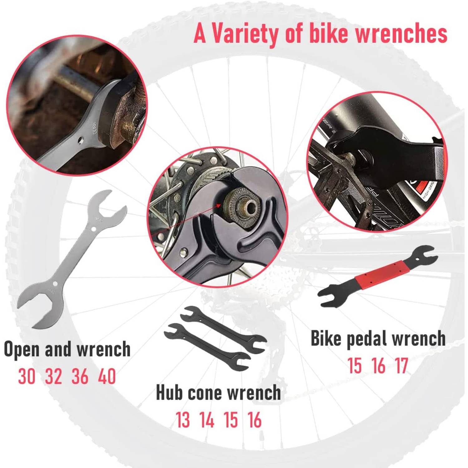 Open wrenches, hub cone wrenches and pedal wrench from the kit shown in use on a bike