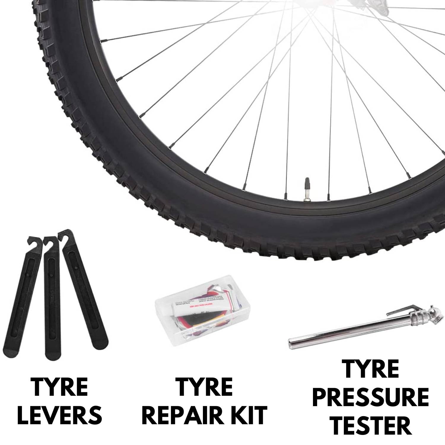 Tyre levers, tyre repair box and tyre pressure pen from the kit beside a bike wheel
