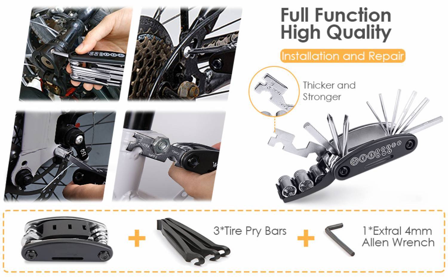 Bike multi tool in use on a chain, a derailleur and a brake, shown next to three tyre levers and an Allen key