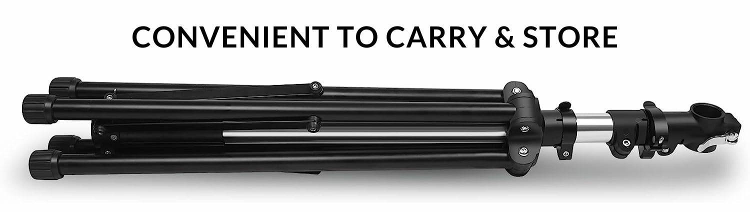 Bike repair stand folded flat, with its legs and telescopic frame packed together