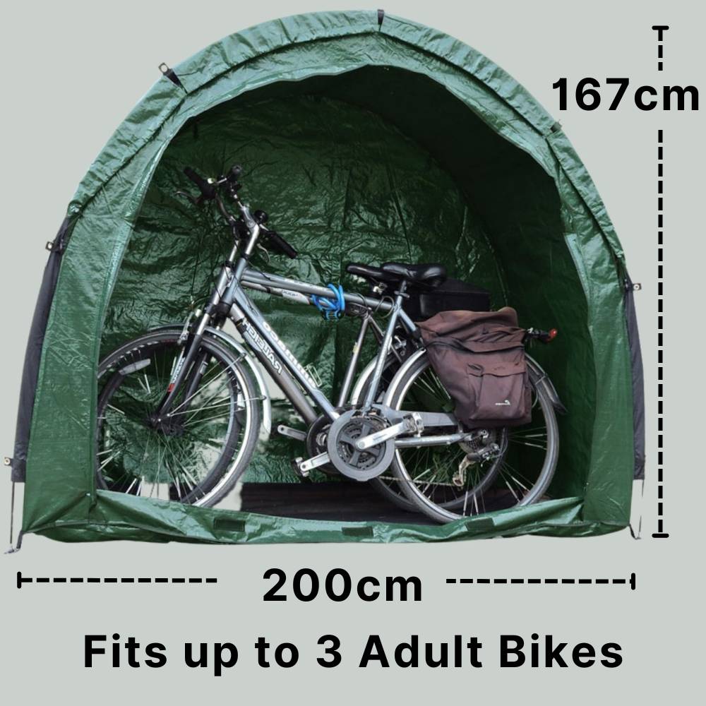 Green bike tent with bikes inside, marked 200cm long and 167cm high
