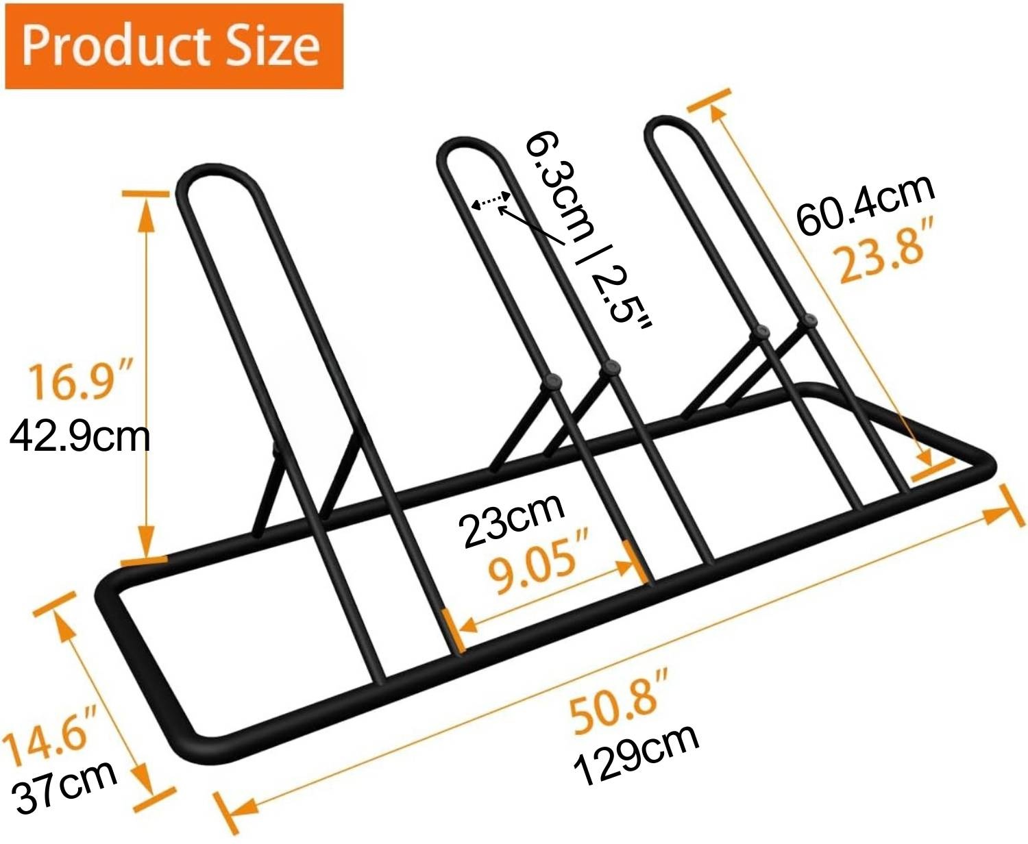 Size drawing of the 3 bike floor parking rack with its measurements marked
