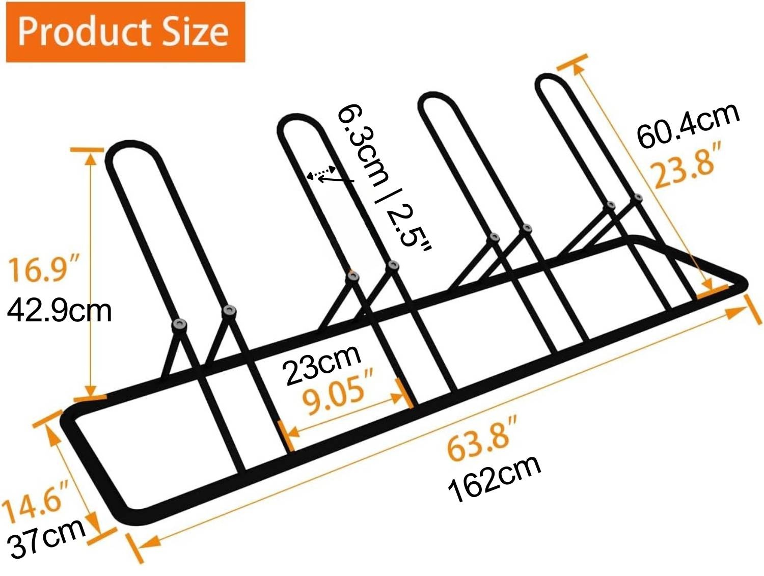 Size drawing of the 4 bike floor parking rack with its measurements marked