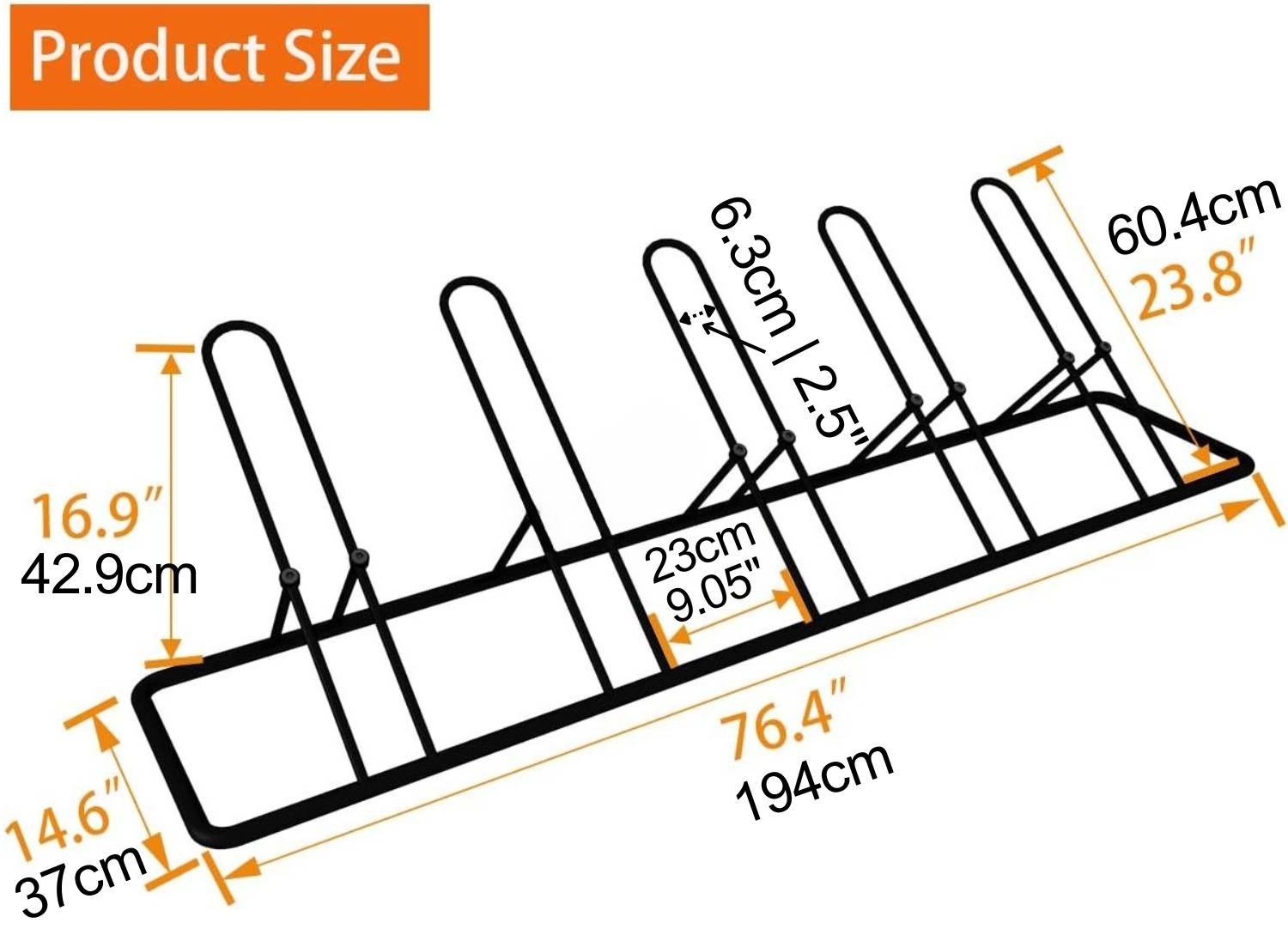 Size drawing of the 5 bike floor parking rack with its measurements marked