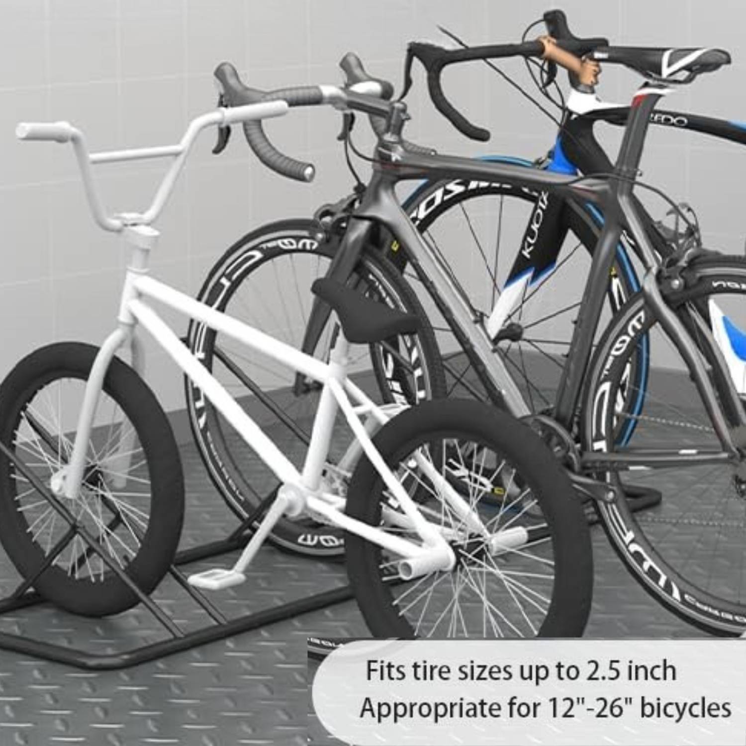 A BMX and two road bikes parked side by side in the floor rack