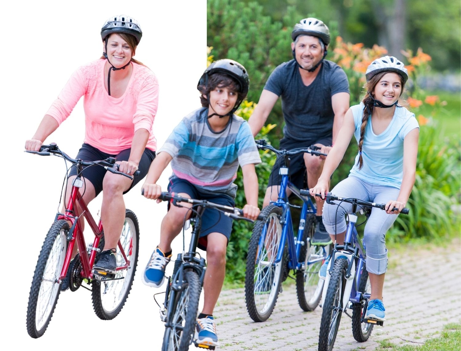A family out cycling together on four bikes